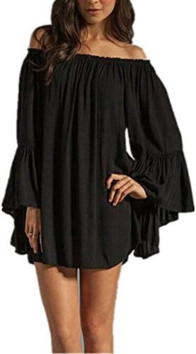 Yanjing Women's Sexy Off Shoulder Chiffon Boho Ruffle Sleeve Blouse Mini Dress