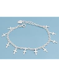 Sterling Silver Plain Cross Charm Bracelet 7.5"