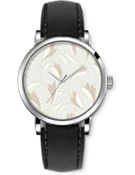 SPRAWL Aanalog Fashion Series Silver Ladies Watches of Genuine Black Leather Strap,Unique Wrist Watch for Women Girls Designed with Petals on light blue background