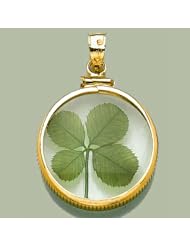 14k Gold Holiday Necklace Charm Pendant, 3d 4-leaf Clover In Ridge Edge Bezel