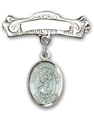 Sterling Silver Baby Badge with Blue St. Christopher Charm and Arched Polished Badge Pin