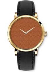 SPRAWL Aanalog Fashion Series Gold Ladies Watches of Genuine Black Leather Strap,Unique Wrist Watch for Women Girls Designed with Light brown wood texture