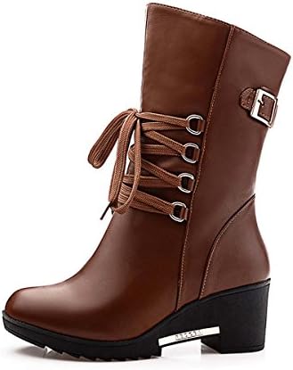 Women's Winter Mid-calf Boots Brown Leather Shoes with Inside Villus EU40