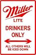 MILLER LITE DRINKERS PARKING sign * beer