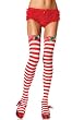 Christmas Stripe Thigh High Nylon Stocking With Ruffle Trim, Satin Bow And Bells (Red/White-One Size)