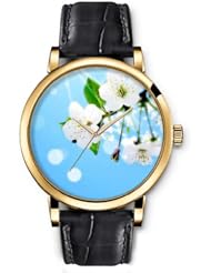 SPRAWL Aanalog Fashion Series Gold Ladies Watches of Genuine Black Leather Strap,Unique Wrist Watch for Women Girls Designed with White flowers and bud