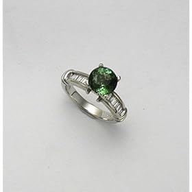 Green Tourmaline Ring 2.90k Brazilian Green Tourmaline and 0.55k G.S.I. Baguette Cut Diamonds on 14k White Gold Ring