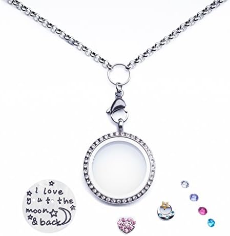 I Love Yout To The Moon and Back W/Crystals Floating Memory Charm Locket Necklace 32" Chain by Maddie M Designs