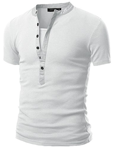 Doublju Mens Henley T-shirts with Short Sleeve WHITE (US-M)