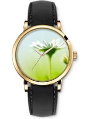 SPRAWL Aanalog Fashion Series Gold Ladies Watches of Genuine Black Leather Strap,Unique Wrist Watch for Women Girls Designed with white daisies
