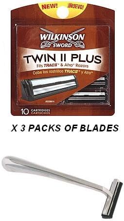 Chrome Trac II Razor Handle + Wilkinson Sword Super II Plus Razor Blades - fits Trac II & Atra - 30 Cartridges