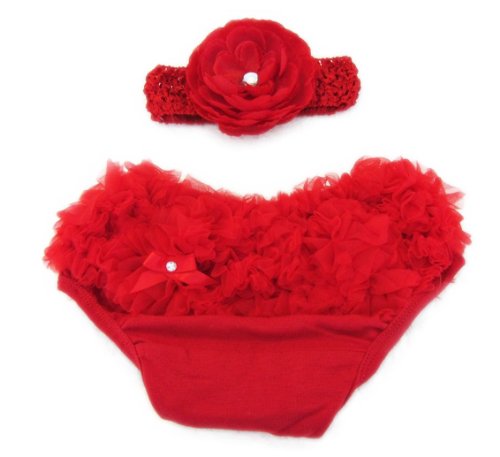Ema Jane (Red with Accessory) Ruffled Woven Baby Diaper Bloomer Covers (Choose From Many Colors or Styles) (3 to 18 Months) (3 Months to 18 Months)