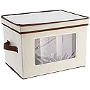 Household Essentials Salad Plate Storage Chest, Natural Canvas with Brown Trim