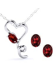2.56 Ct Oval Natural Red Garnet Heart Shape Pendant Earrings Set With 18" Chain