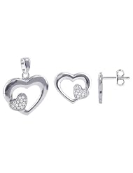 .925 Sterling Silver Designer Heart Round Shape Paved Cubic Zirconia Post Back Findings Stud 11mm x 14mm Earrings and 15mm x 18mm Pendant Jewelry Set