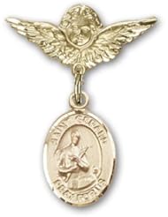 14K Gold Baby Badge with St. Gerard Charm and Angel with Wings Badge Pin