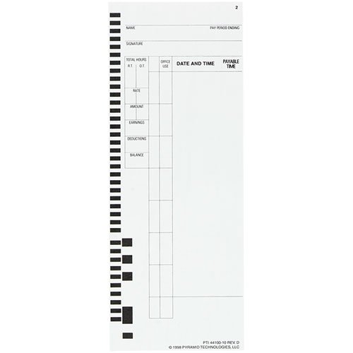 Pyramid Technologies 4410010 Time Cards For Model 4000, 100/Pack