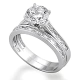 Sterling Silver Ring Round Cubic Zirconia CZ Solitaire Engagement Ring with Matching Band - Ideal Gift For Mother Day, Anniversary, Engagement, Wedding, Birthday, For Her