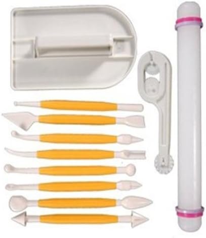 DealInfinite 4 Sets (11Pcs) Cake Modeling Tools Kit Set Sugarcraft Icing Cake Smoother Fondant Cutter Embosser Rolling Pin