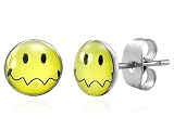 Puzzled/Confused Smiley Face Silver and Yellow Stainless Steel Earrings – Unisex (7mm) – Including FREE Gift Pouch