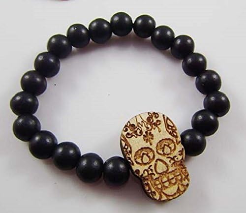 Men's Hip Hop Wooden Bead Bracelet Fashion Black Wood Skull Bracelet