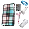 Blue Plaid Durable Hard Snap Fit Back Cover for iPod Touch 4G + Mirror Screen Protector + USB Car Charger + USB Wall Charger + Pink handsfree + Wristband