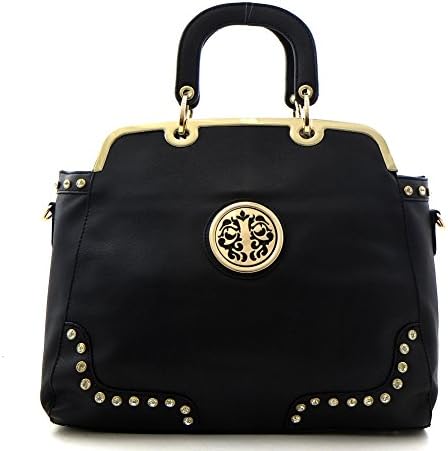 Rhinestone and Hardware Accent 2 Way Emblem Satchel Bag Purse - Black