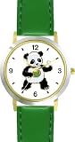 Ping Pong Playing Baby Giant Panda or Panda Bear Animal - WATCHBUDDY&reg; DELUXE TWO-TONE THEME WATCH - Arabic Numbers - Green Leather Strap-Women's Size-Small