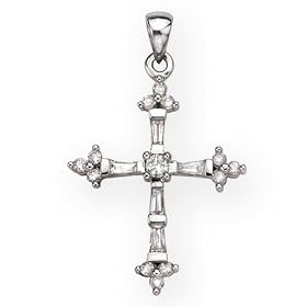 Sterling Silver 1/2 ct. Round and Baguette Shaped Cubic Zirconia Cross Pendant with Chain