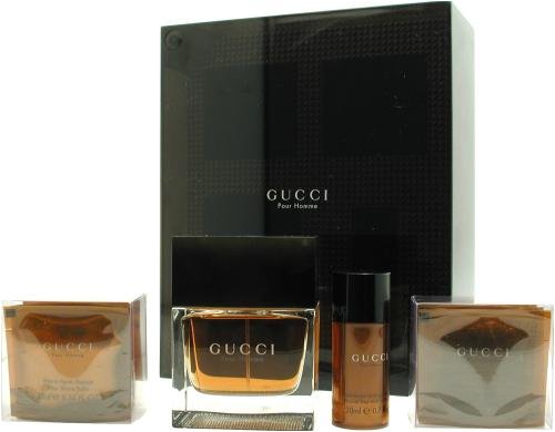 Gucci Pour Homme By Gucci For Men. Set-edt Spray 3.4 OZ & All Over Shampoo (4 X .34 OZ Each) & Aftershave Balm (4 X .34 OZ Each) & Alcohol Free Deodorant Stick .7 OZ