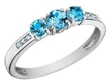 Three Stone Blue Topaz Ring with Diamonds 5/8 Carat  in 10K White Gold