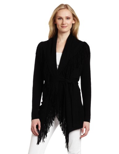 Minnie Rose Women's Fringe Duster Sweater, Black, Small