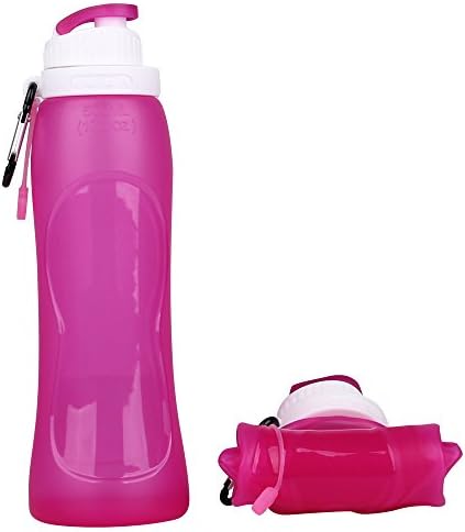 Foldable Silicone Sports Water Bottle BPA Free FDA Approved 100% Food Grade Silicone, Collapsible Unbreakable Leak Proof Reusable Ice Pack 17 Oz 500ml (pink)