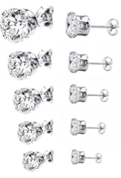 Jinique 925 Sterling Silver, 3, 4, 5, 6, 7mm Round White Stud Earrings (Set of 5)