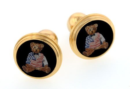 Gold plated patriotic teddy cufflinks with ball back fitting with presentation box. Made in the U.S.A