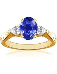 18K Yellow Gold Oval Cut Blue Sapphire Three Stone Ring