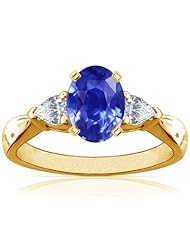 14K Yellow Gold Oval Cut Blue Sapphire Three Stone Ring