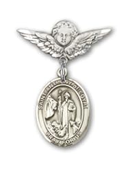 Sterling Silver Baby Badge with St. Anthony of Egypt Charm and Angel with Wings Badge Pin