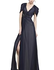 A-line V-neck Chiffon Cocktail Floor Length Beaded Short Sleeves Homecoming Dress/Pageant Dress/Prom Dress/Party Dress/Wedding Dress 