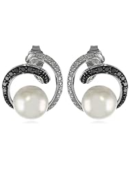 10k White Gold Freshwater Cultured Pearl and Black and White Diamond Earrings, (0.25 cttw, G-H Color, I3 Clarity)