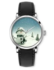 SPRAWL Aanalog Fashion Series Silver Ladies Watches of Genuine Black Leather Strap,Unique Wrist Watch for Women Girls Designed with Snowman in the snow