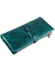 Apparel: Heshe Womens Genuine Leather Purse Wallet Zippered Clutch Organizer (Peacock Blue)