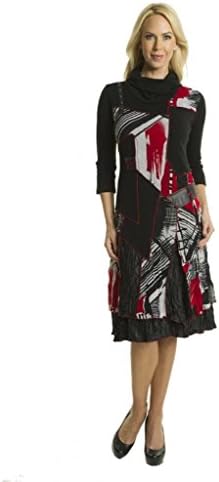Premise Paris Women Mix Media Three-Quarter Sleeve Turtleneck Print Dress Red XL