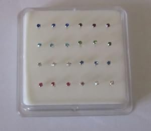 Pack 24 sterling silver nose studs clawset jewel(jewels can not fall out) 8 different colour cz jewels 3 of each colour jewel 10mm posts which can be bent into L shape to hold nose stud in place jewel size 1.8mm