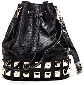 Becool Soft Metallic Drawstring Bucket Handbag With Studs (Black)