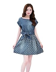 2015 Polka Dot Print Denim  Shirt Jumpsuit 