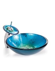 Home Improvement: Kraus Round Irruption Blue Glass Vessel Sink with Waterfall Faucet C-GV-204-12mm-10CH: 16.5"D x 5.5"H - KRAUS