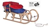 Produkt-Bild: H&ouml;rnerschlitten Holzschlitten Rodelschlitten mit Zuggurt und Lehne inkl. Fu&szlig;sack rot / blau