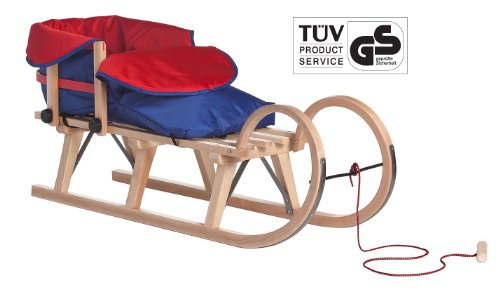 Produkt-Bild: H&ouml;rnerschlitten Holzschlitten Rodelschlitten mit Zuggurt und Lehne inkl. Fu&szlig;sack rot / blau