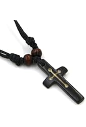 Handmade Carved OX Bone Black Color Cross Pendant Necklace Hemp Rope Resizable